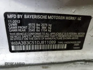 2013 BMW 3 Series 328i xDrive with VIN WBA3B3C51DJ811089, listed as a Copart auction lot 87579905 with 106,754 mi miles and Salvage title. Bid and sale history available at DreamBid. Image 12.