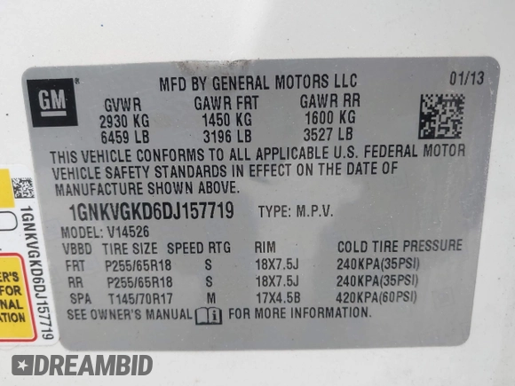 2013 Chevrolet Traverse LT with VIN 1GNKVGKD6DJ157719, listed as a IAAI auction lot 41987527 with 148,486 mi miles and . Bid and sale history available at DreamBid. Image 9.