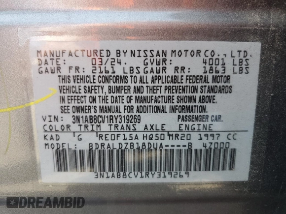2024 Nissan Sentra SV with VIN 3N1AB8CV1RY319269, listed as a Copart auction lot 60719725 with 20,730 mi miles and Salvage title. Bid and sale history available at DreamBid. Image 13.