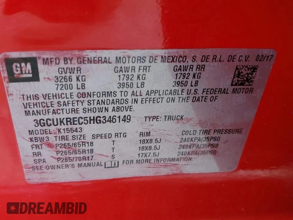 2017 Chevrolet Silverado 1500 LT with VIN 3GCUKREC5HG346149, listed as a Copart auction lot 89399335 with 105,635 mi miles and Salvage Title. Bid and sale history available at DreamBid. Image 14.