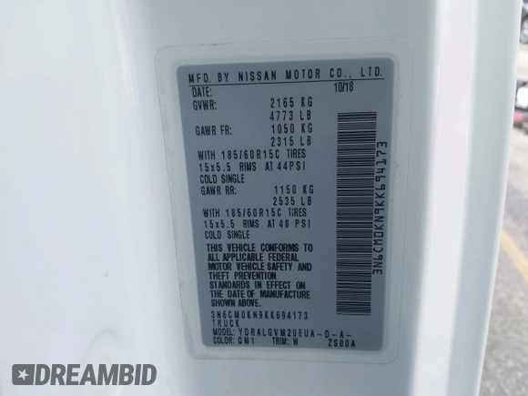 2019 Nissan NV200 S z VIN 3N6CM0KN9KK694173, wystawiony jako IAAI lot #41784695 z przebiegiem 58 867 mil mil oraz . Historia ofert i sprzedaży dostępna na DreamBid. Obrazek 9.