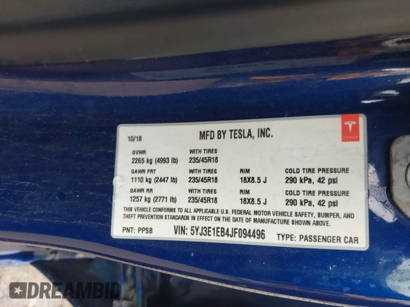2018 Tesla Model 3 Long Range Battery with VIN 5YJ3E1EB4JF094496, listed as a IAAI auction lot 41983799 with 188,316 mi miles and . Bid and sale history available at DreamBid. Image 9.