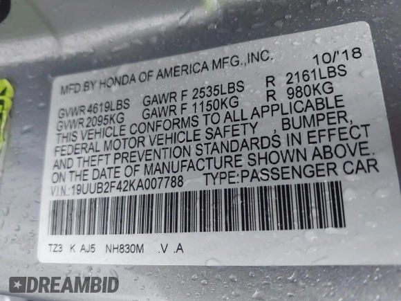 2019 Acura TLX Technology with VIN 19UUB2F42KA007788, listed as a IAAI auction lot 41970877 with 104,356 mi miles and . Bid and sale history available at DreamBid. Image 9.