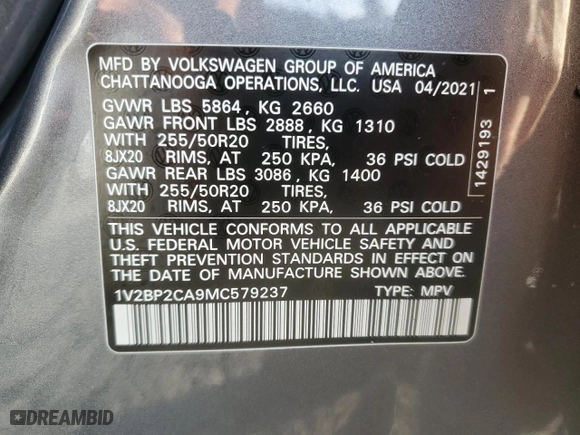 2021 Volkswagen Atlas 2.0T SEL with VIN 1V2BP2CA9MC579237, listed as a Copart auction lot 85377674 with 80,361 mi miles and Salvage Title. Bid and sale history available at carsss.com. Image 13.