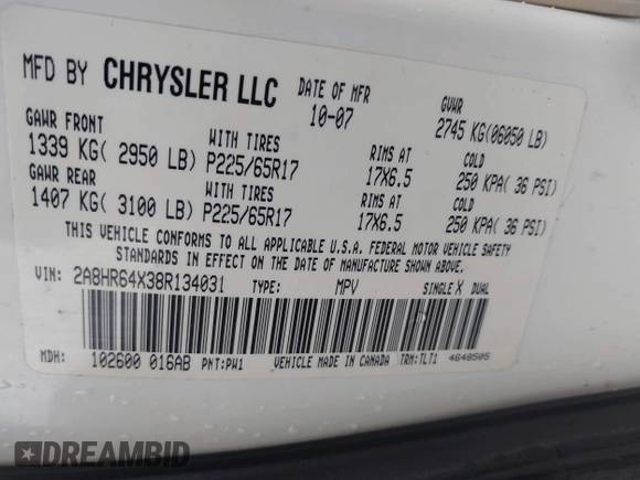 2008 Chrysler Town & Country Limited with VIN 2A8HR64X38R134031, listed as a IAAI auction lot 41979347 with 173,810 mi miles. Bid and sale history available at carsss.com. Image 9.