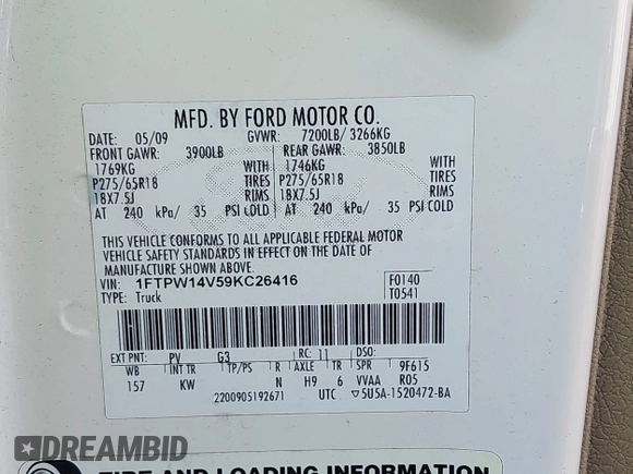 2009 Ford F-150 XL with VIN 1FTPW14V59KC26416, listed as a IAAI auction lot 41630034 with 120,455 mi miles. Bid and sale history available at carsss.com. Image 9.