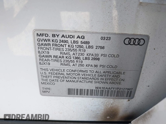 2023 Audi Q5 S line Premium Plus z VIN WA1EAAFY1P2127967, wystawiony jako IAAI lot #42327485 z przebiegiem 52 754 mil mil oraz . Historia ofert i sprzedaży dostępna na DreamBid. Obrazek 9.