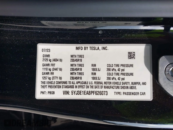 2023 Tesla Model 3 with VIN 5YJ3E1EA8PF626073, listed as a IAAI auction lot 39148336 with 1,551 mi miles and . Bid and sale history available at carsss.com. Image 9.