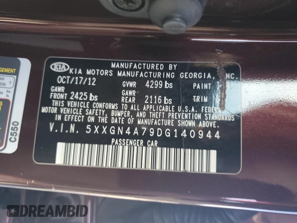 2013 Kia Optima EX with VIN 5XXGN4A79DG140944, listed as a Copart auction lot 52099915 with 150,866 mi miles and Salvage Title. Bid and sale history available at carsss.com. Image 13.