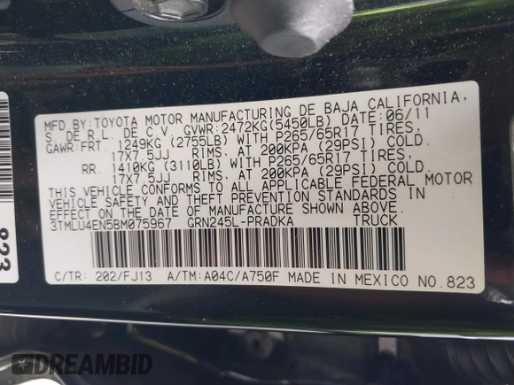 2011 Toyota Tacoma with VIN 3TMLU4EN5BM075967, listed as a IAAI auction lot 42228409 with 158,241 mi miles and . Bid and sale history available at DreamBid. Image 9.