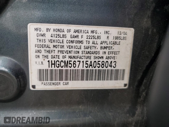 2005 Honda Accord EX z VIN 1HGCM56715A058043, wystawiony jako Copart lot #52994425 z przebiegiem 218 112 mil mil oraz Szkody całkowita. Historia ofert i sprzedaży dostępna na DreamBid. Obrazek 12.