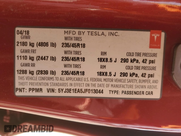 2018 Tesla Model 3 Long Range Battery with VIN 5YJ3E1EA5JF013044, listed as a Copart auction lot 49926055 with 102,158 mi miles and Salvage Title. Bid and sale history available at DreamBid. Image 14.