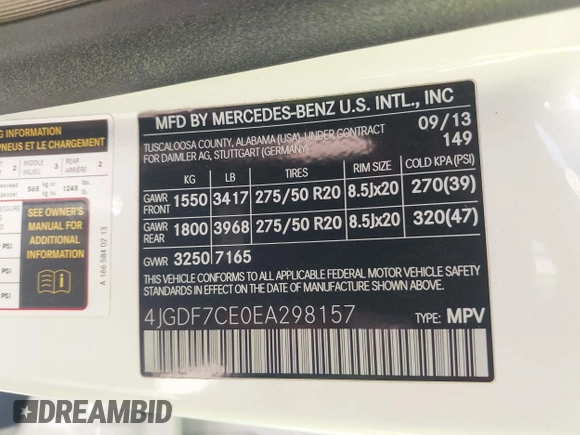 2014 Mercedes-Benz GL-Class GL 450 with VIN 4JGDF7CE0EA298157, listed as a IAAI auction lot 42094478 with 202,424 mi miles. Bid and sale history available at carsss.com. Image 9.