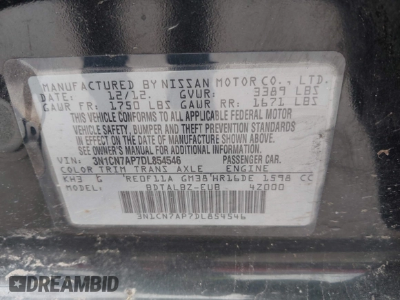 2013 Nissan Versa S with VIN 3N1CN7AP7DL854546, listed as a IAAI auction lot 42663201 with 187,308 mi miles and . Bid and sale history available at DreamBid. Image 9.