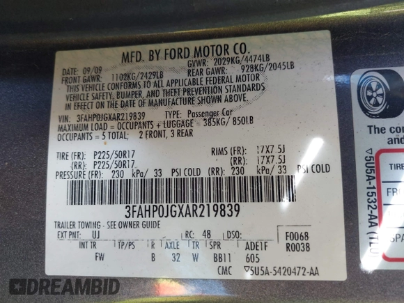 2010 Ford Fusion SEL with VIN 3FAHP0JGXAR219839, listed as a IAAI auction lot 41837474 with 143,445 mi miles. Bid and sale history available at carsss.com. Image 9.
