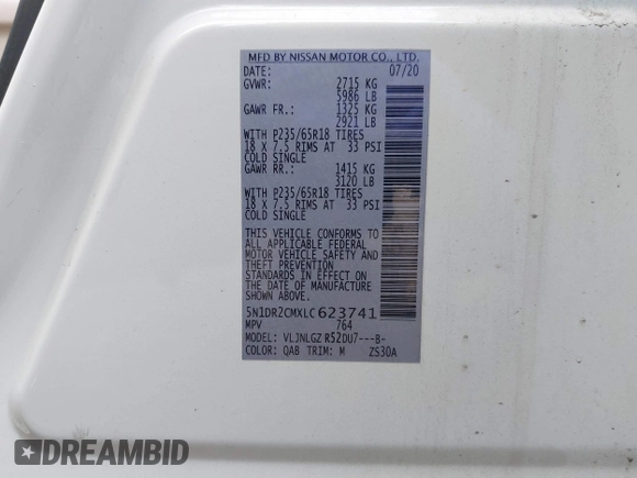 2020 Nissan Pathfinder SL with VIN 5N1DR2CMXLC623741, listed as a IAAI auction lot 42005765 with 53,732 mi miles and . Bid and sale history available at DreamBid. Image 9.