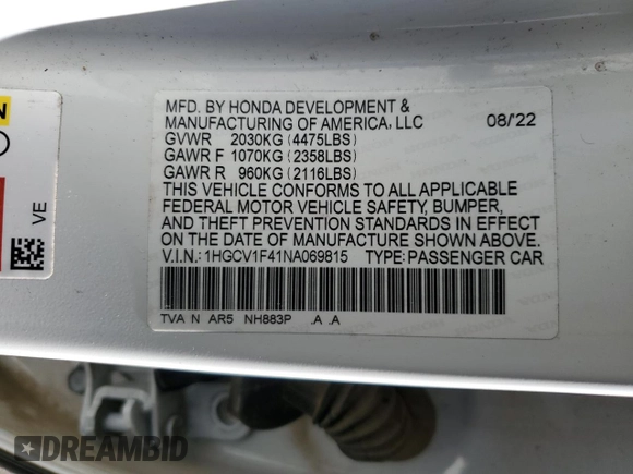 2022 Honda Accord Sedan Sport SE with VIN 1HGCV1F41NA069815, listed as a Copart auction lot 49260765 with 29,419 mi miles and Salvage Title. Bid and sale history available at carsss.com. Image 13.