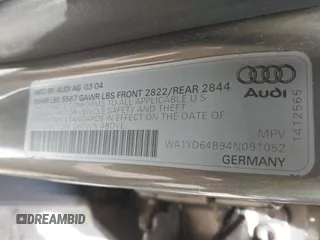 2004 Audi allroad A6 V8 with VIN WA1YD64B94N091052, listed as a IAAI auction lot 42069786 with 214,042 mi miles and . Bid and sale history available at DreamBid. Image 9.