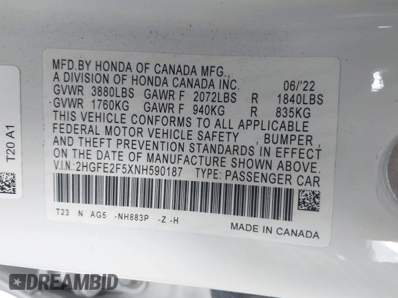 2022 Honda Civic Sport with VIN 2HGFE2F5XNH590187, listed as a IAAI auction lot 42121686 with Not Provided miles and . Bid and sale history available at carsss.com. Image 9.