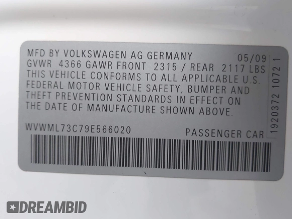 2009 Volkswagen CC Sport with VIN WVWML73C79E566020, listed as a IAAI auction lot 42140306 with 133,411 mi miles. Bid and sale history available at carsss.com. Image 9.