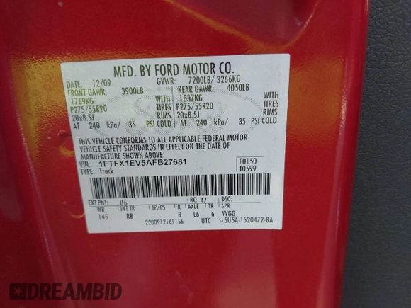 2010 Ford F-150 XL with VIN 1FTFX1EV5AFB27681, listed as a IAAI auction lot 42622589 with 192,326 mi miles and . Bid and sale history available at DreamBid. Image 9.