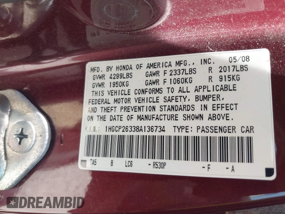 2008 Honda Accord LX z VIN 1HGCP26338A136734, wystawiony jako IAAI lot #42169515 z przebiegiem 358 037 mil mil oraz . Historia ofert i sprzedaży dostępna na DreamBid. Obrazek 9.