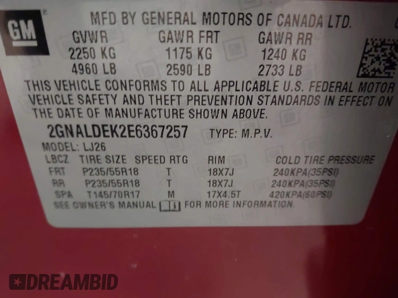 2014 Chevrolet Equinox LTZ with VIN 2GNALDEK2E6367257, listed as a IAAI auction lot 42008256 with 87,524 mi miles and . Bid and sale history available at DreamBid. Image 9.