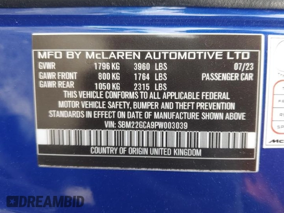 2023 McLaren GT z VIN SBM22GCA9PW003039, wystawiony jako Copart lot #47143765 z przebiegiem 2775 mil mil oraz Szkody całkowita. Historia ofert i sprzedaży dostępna na DreamBid. Obrazek 14.