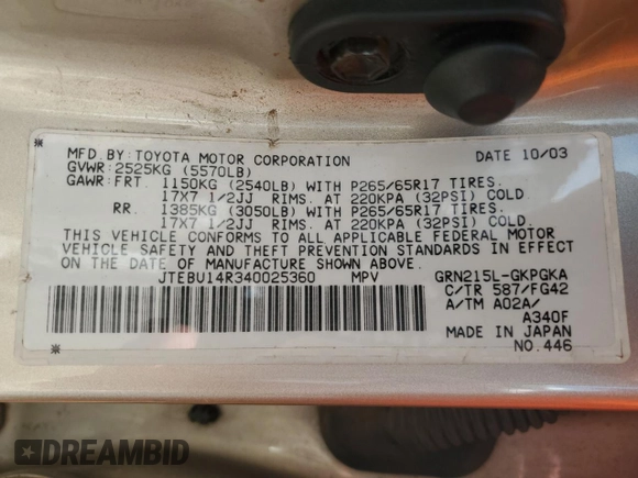 2004 Toyota 4Runner SR5 z VIN JTEBU14R340025360, wystawiony jako Copart lot #50414135 z przebiegiem 251 555 mil mil oraz Szkoda całkowita • Salvage title. Historia ofert i sprzedaży dostępna na DreamBid. Obrazek 13.