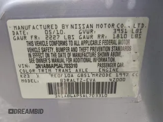 2010 Nissan Sentra SR with VIN 3N1AB6AP5AL703310, listed as a IAAI auction lot 42174040 with 121,260 mi miles and . Bid and sale history available at DreamBid. Image 9.
