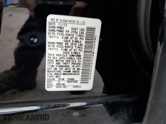 2014 Nissan Murano LE with VIN JN8AZ1MW3EW509829, listed as a Copart auction lot 69115524 with 0 mi miles and Salvage Title. Bid and sale history available at carsss.com. Image 13.