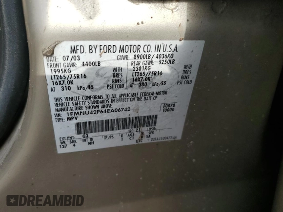 2004 Ford Excursion Limited z VIN 1FMNU42P64EA06742, wystawiony jako Copart lot #71989004 z przebiegiem 238 839 mil mil oraz Szkoda całkowita • Salvage title. Historia ofert i sprzedaży dostępna na DreamBid. Obrazek 16.