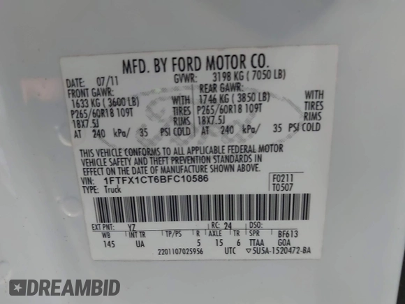 2011 Ford F-150 XL with VIN 1FTFX1CT6BFC10586, listed as a IAAI auction lot 41613825 with 124,854 mi miles. Bid and sale history available at carsss.com. Image 9.