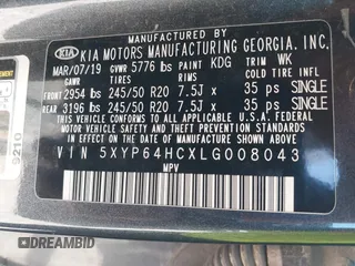 2020 Kia Telluride S with VIN 5XYP64HCXLG008043, listed as a IAAI auction lot 41808448 with 89,658 mi miles and . Bid and sale history available at carsss.com. Image 9.