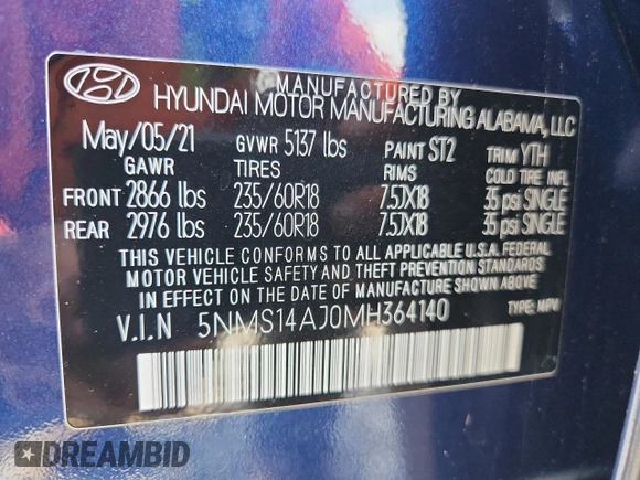 2021 Hyundai Santa Fe SE with VIN 5NMS14AJ0MH364140, listed as a Copart auction lot 59437125 with 47,489 mi miles and Non repairable. Bid and sale history available at DreamBid. Image 13.