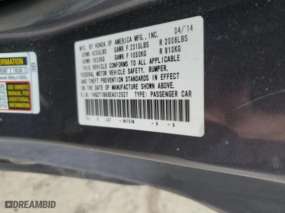 2014 Honda Accord Coupe EX-L with VIN 1HGCT1B8XEA012527, listed as a Copart auction lot 43950525 with 188,292 mi miles and Salvage Title. Bid and sale history available at carsss.com. Image 13.