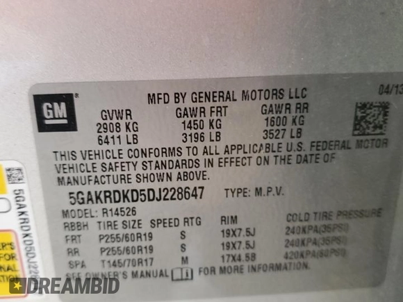 2013 Buick Enclave Premium with VIN 5GAKRDKD5DJ228647, listed as a Copart auction lot 86000824 with 143,891 mi miles and Salvage Title. Bid and sale history available at DreamBid. Image 13.