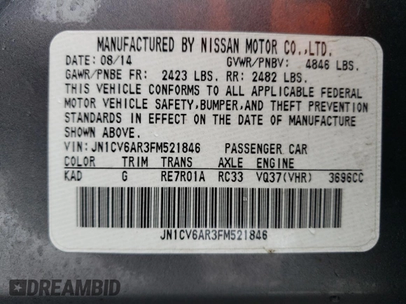 2015 Infiniti Q40 with VIN JN1CV6AR3FM521846, listed as a Copart auction lot 79340044 with 126,702 mi miles and Salvage Title. Bid and sale history available at carsss.com. Image 12.