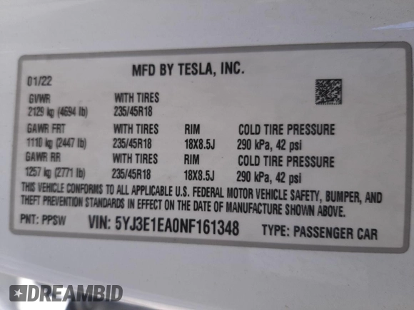 2022 Tesla Model 3 z VIN 5YJ3E1EA0NF161348, wystawiony jako Copart lot #51119285 z przebiegiem Nie podano mil oraz Szkoda całkowita • Salvage title. Historia ofert i sprzedaży dostępna na DreamBid. Obrazek 10.