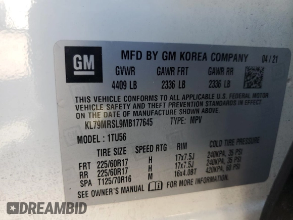 2021 Chevrolet TrailBlazer LT with VIN KL79MRSL9MB177645, listed as a Copart auction lot 51430394 with 27,339 mi miles and . Bid and sale history available at DreamBid. Image 14.