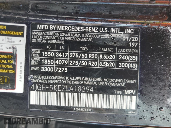 2020 Mercedes-Benz GLS 450 with VIN 4JGFF5KE7LA183941, listed as a Copart auction lot 57597715 with 68,978 mi miles and Salvage title. Bid and sale history available at DreamBid. Image 14.