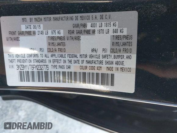 2015 Mazda 3 i Touring with VIN 3MZBM1V78FM232776, listed as a IAAI auction lot 42134608 with 123,927 mi miles and . Bid and sale history available at DreamBid. Image 9.