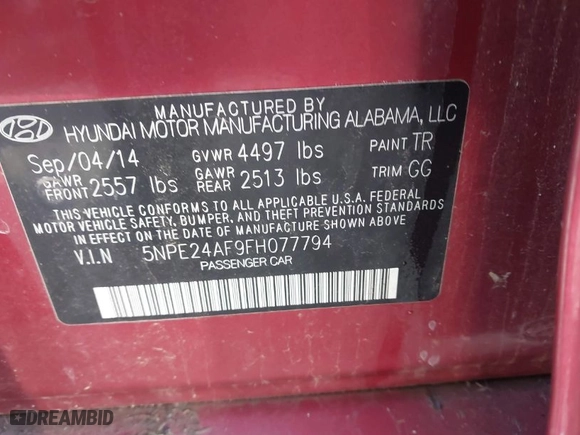 2015 Hyundai Sonata 2.4L SE with VIN 5NPE24AF9FH077794, listed as a IAAI auction lot 41973535 with 1 mi miles. Bid and sale history available at carsss.com. Image 9.
