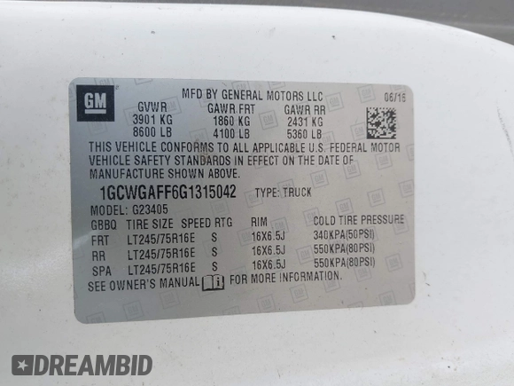 2016 Chevrolet Express Cargo with VIN 1GCWGAFF6G1315042, listed as a IAAI auction lot 42495460 with 215,339 mi miles and . Bid and sale history available at DreamBid. Image 9.
