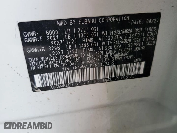 2021 Subaru Ascent Limited with VIN 4S4WMALD4M3407452, listed as a Copart auction lot 56522275 with 106,393 mi miles and Salvage title. Bid and sale history available at DreamBid. Image 12.