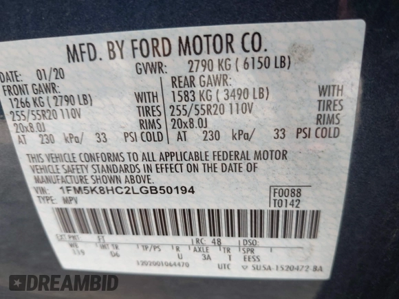2020 Ford Explorer Platinum with VIN 1FM5K8HC2LGB50194, listed as a IAAI auction lot 42326070 with 68,444 mi miles and . Bid and sale history available at DreamBid. Image 9.