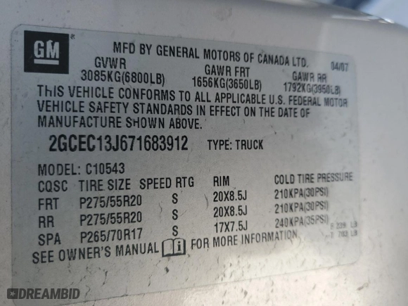 2007 Chevrolet Silverado 1500 LTZ with VIN 2GCEC13J671683912, listed as a Copart auction lot 49905705 with 0 mi miles and Salvage Title. Bid and sale history available at carsss.com. Image 13.