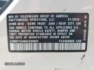 2016 Volkswagen Passat SE с VIN 1VWBT7A36GC028652, выставлен на аукционе Copart как лот 56547985 с пробегом 118 462 миль миль и Чистый • Clean title. История ставок и продаж доступна на DreamBid. Изображение 12.