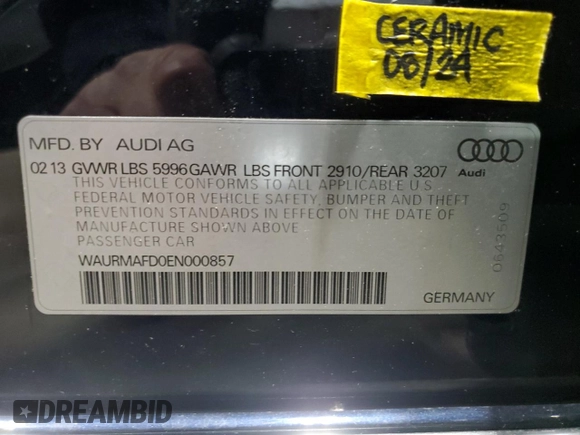 2014 Audi A8 3.0L TDI with VIN WAURMAFD0EN000857, listed as a Copart auction lot 51054765 with 112,505 mi miles and Non repairable. Bid and sale history available at DreamBid. Image 14.