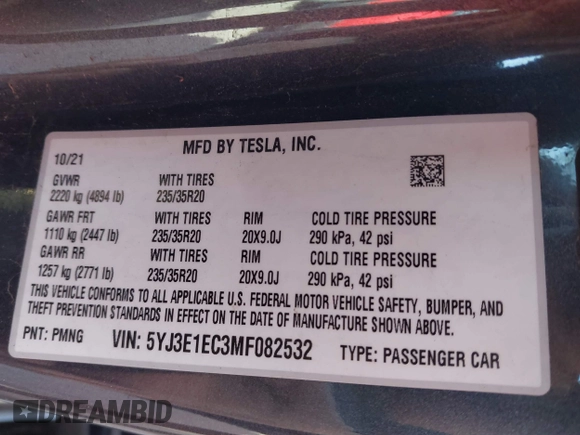 2021 Tesla Model 3 Performance with VIN 5YJ3E1EC3MF082532, listed as a IAAI auction lot 41757905 with 60,431 mi miles and . Bid and sale history available at DreamBid. Image 9.